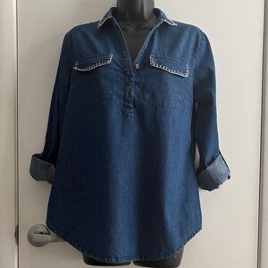 Roper Blue Cotton Denim Western Roll Tab Sleeve 3 Button-Down Shirt SZ L